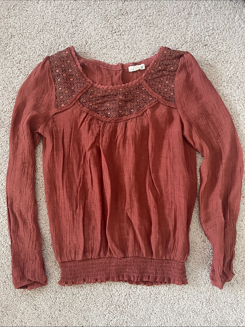 mine Rust Long Sleeve Lace Yoke Top